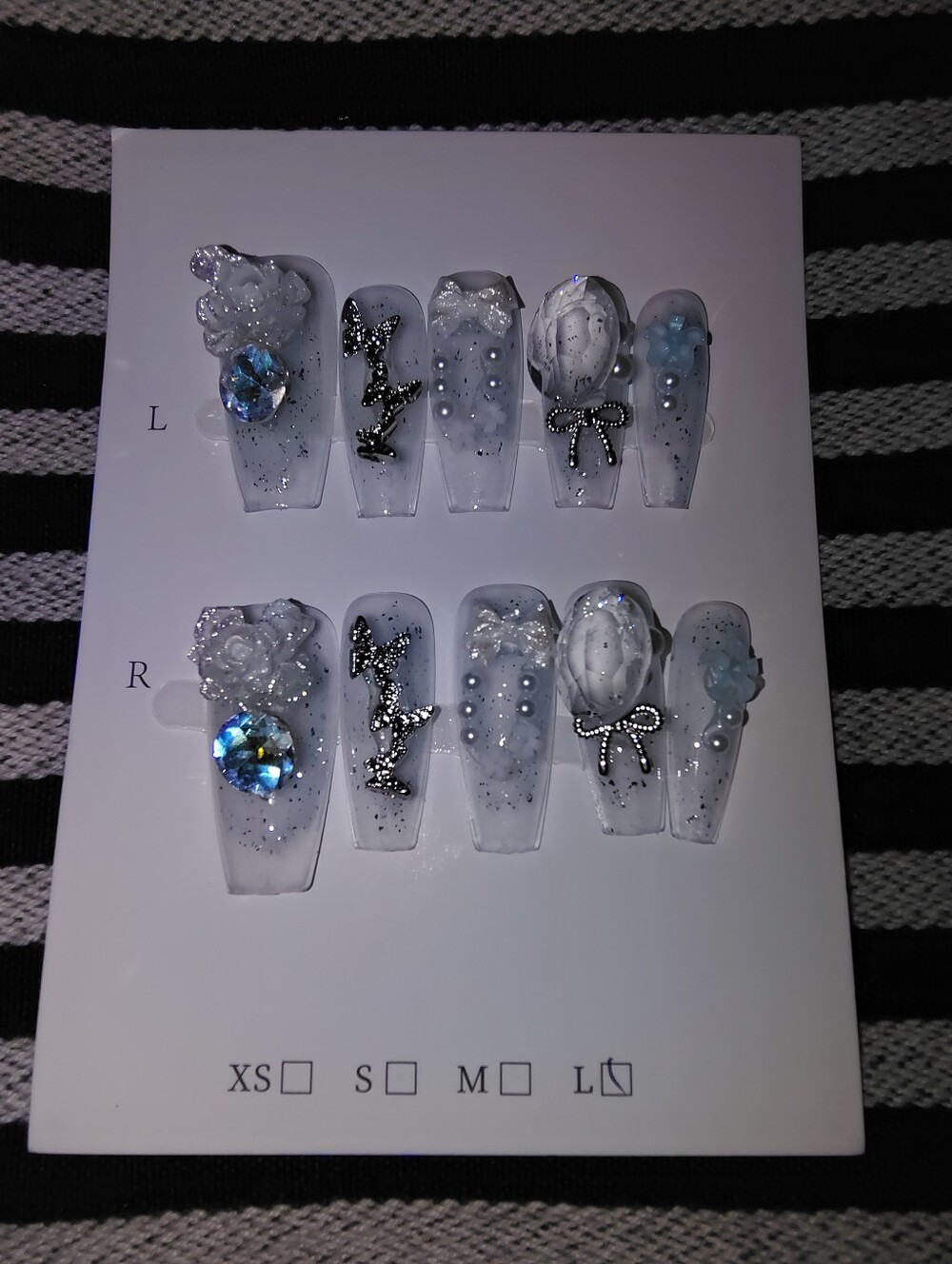 Glossy White, Blue & Crystal Long Press-On Nails. Size Large. Handcrafted.
